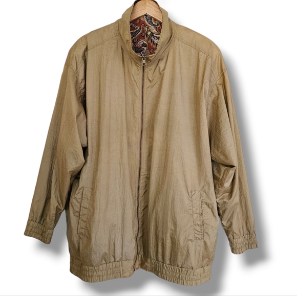 Vintage 90s Track Jacket Windbreaker Bomber Size 2X Paisley Tan Reversible Retro - Picture 4 of 15